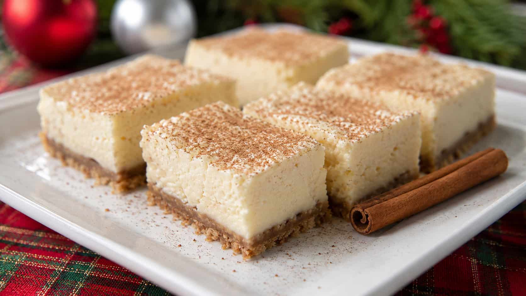 eggnog cheesecake bars dusted with nutmeg in a wide horizontal shot, cut into squares on a white plate with a cinnamon stick on a festive holiday table, natural light, shallow depth of field, landscape orientation