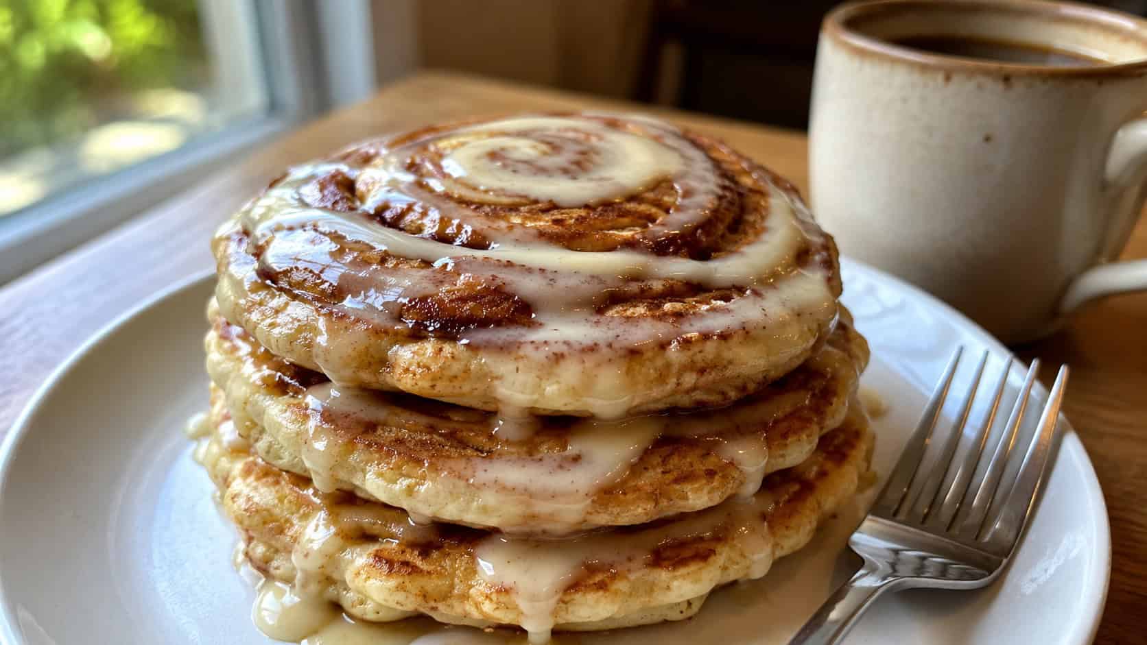 a stack of cinnamon roll pancakes with caramelized swirls and dripping cream cheese glaze in a wide horizontal shot, served on a white plate with a fork and coffee mug, natural light, shallow depth of field, landscape orientation