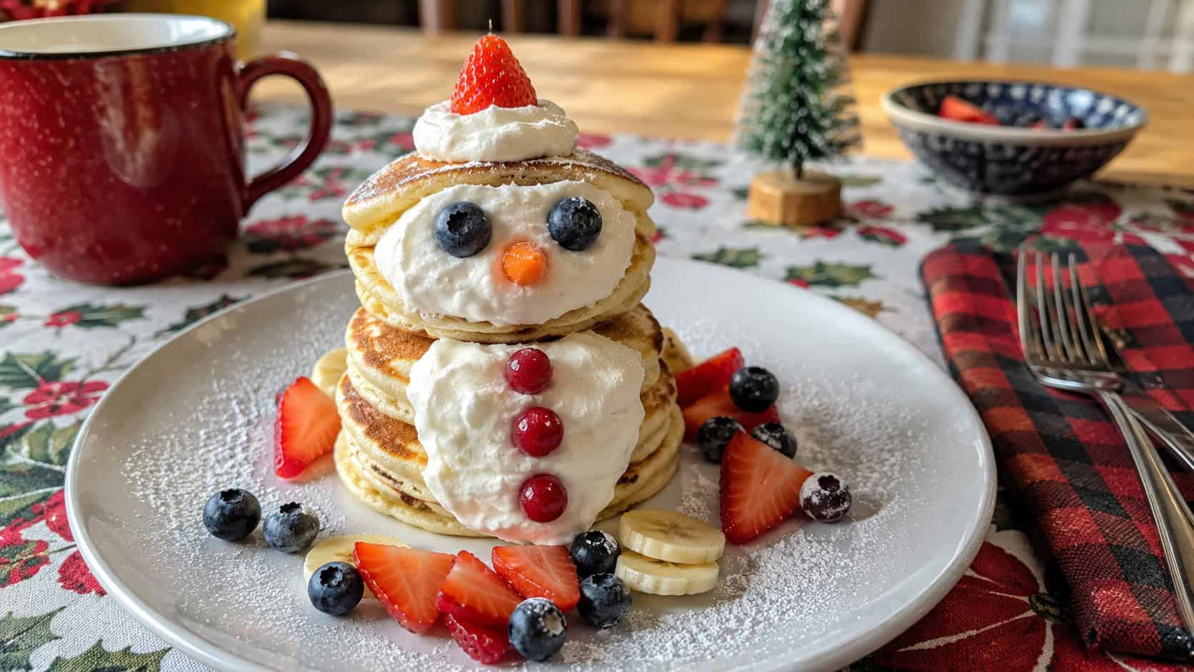 a snowman-shaped pancake stack decorated with whipped cream, blueberry eyes, and fruit in a wide horizontal shot, plated on a festive table, natural light, shallow depth of field, landscape orientation