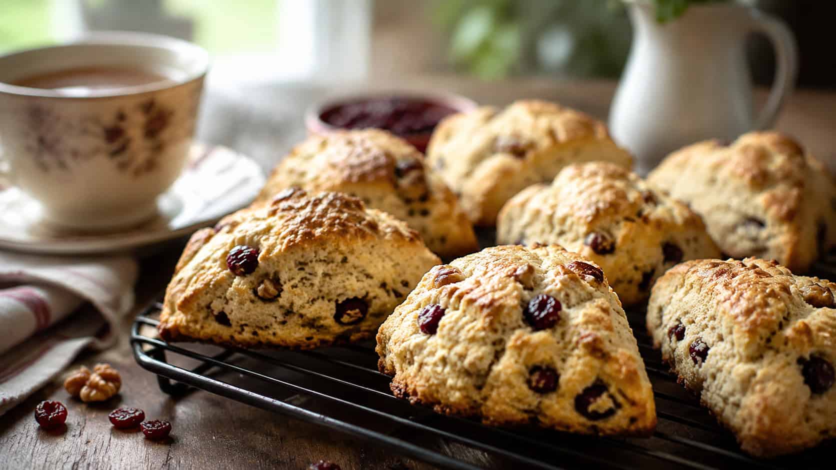 cranberry walnut scones with golden tops and visible cranberries and nuts in a wide horizontal shot, arranged on a cooling rack with a cup of tea, natural light, shallow depth of field, landscape orientation