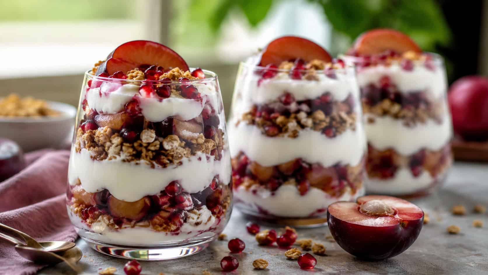 layered sugarplum yogurt parfaits with creamy yogurt, plums, granola, and ruby pomegranate seeds in a wide horizontal shot, lined up in glass cups, natural light, shallow depth of field, landscape orientation