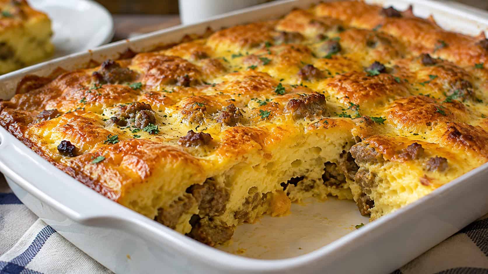 a golden puffed breakfast casserole with melty cheese and sausage in a wide horizontal shot, served from a baking dish with a scoop removed, natural light, shallow depth of field, landscape orientation