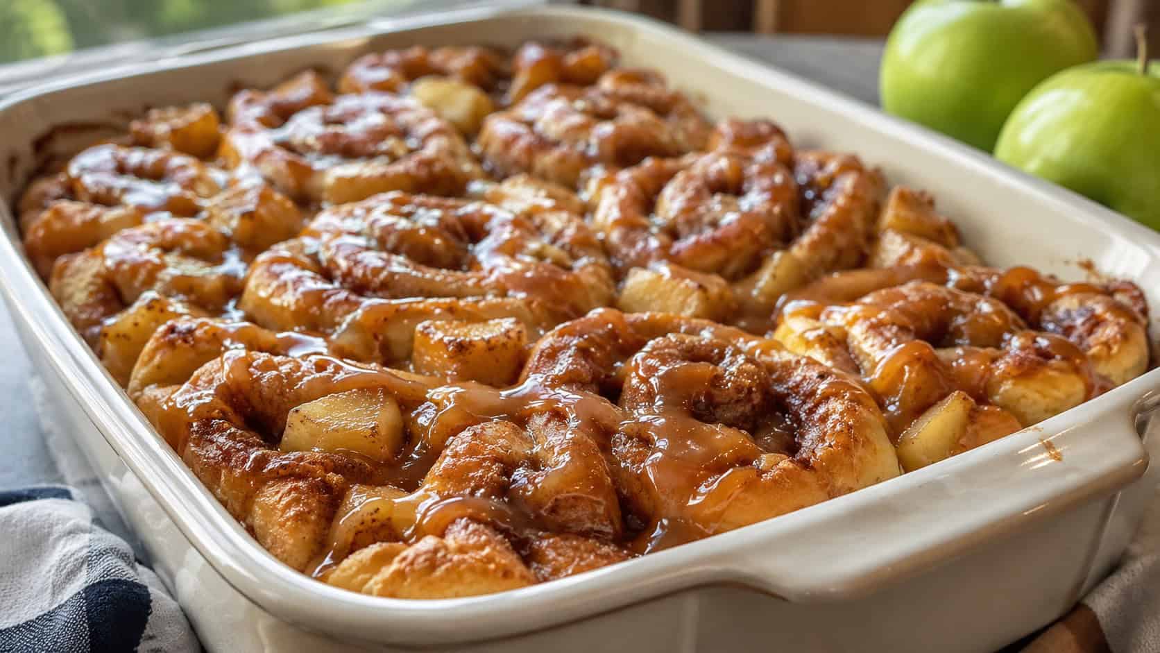 an apple cinnamon roll casserole with golden gooey rolls, baked apples, and caramel drizzle in a wide horizontal shot, served in a baking dish, natural light, shallow depth of field, landscape orientation