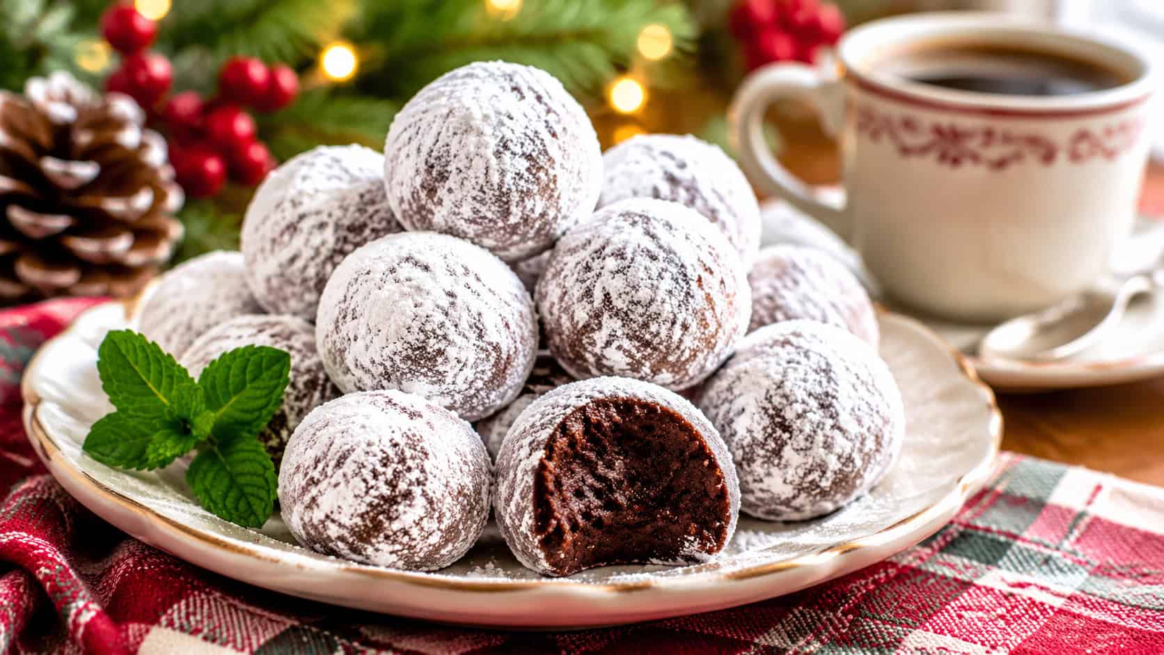 bourbon balls coated in powdered sugar piled on a small plate in a wide horizontal shot, on a festive table beside a coffee cup, natural light, shallow depth of field, landscape orientation