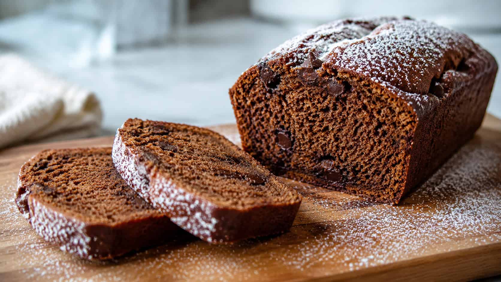 a sliced chocolate chip gingerbread loaf showing a moist dark crumb dotted with chocolate in a wide horizontal shot, on a wooden board with a dusting of powdered sugar, natural light, shallow depth of field, landscape orientation
