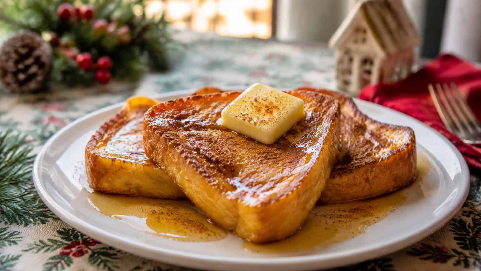 golden eggnog French toast dusted with nutmeg and drizzled with maple syrup in a wide horizontal shot, plated with a pat of butter on a holiday table, natural light, shallow depth of field, landscape orientation
