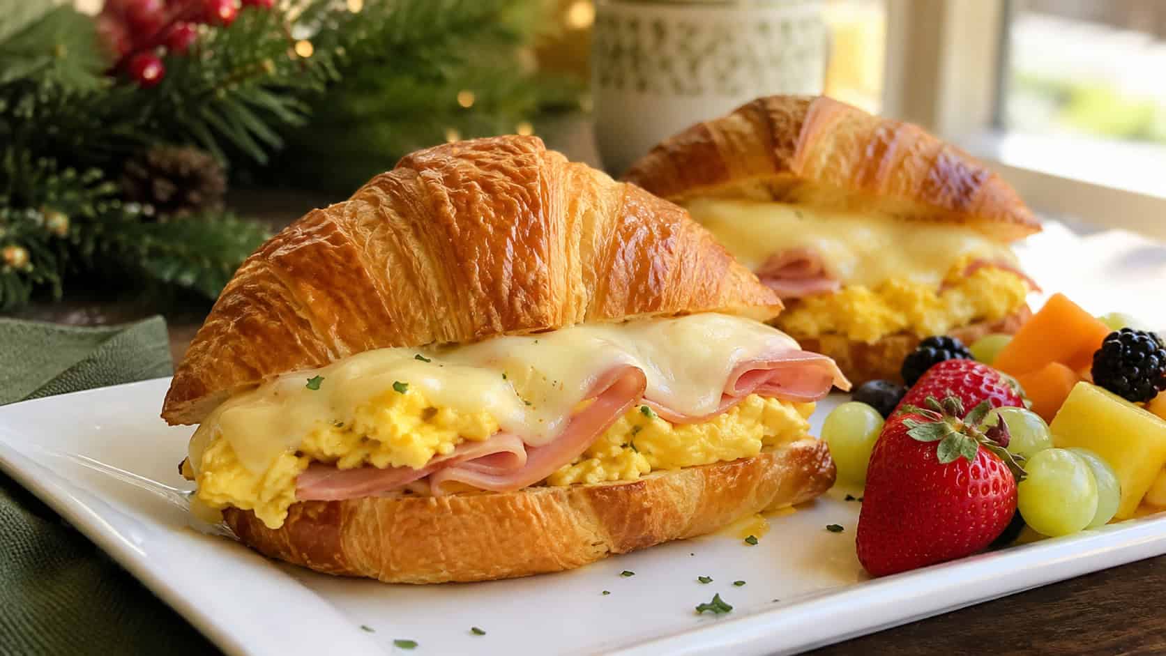 festive croissant breakfast sandwiches stuffed with fluffy eggs, ham, and melted Swiss in a wide horizontal shot, plated with fresh fruit, natural light, shallow depth of field, landscape orientation