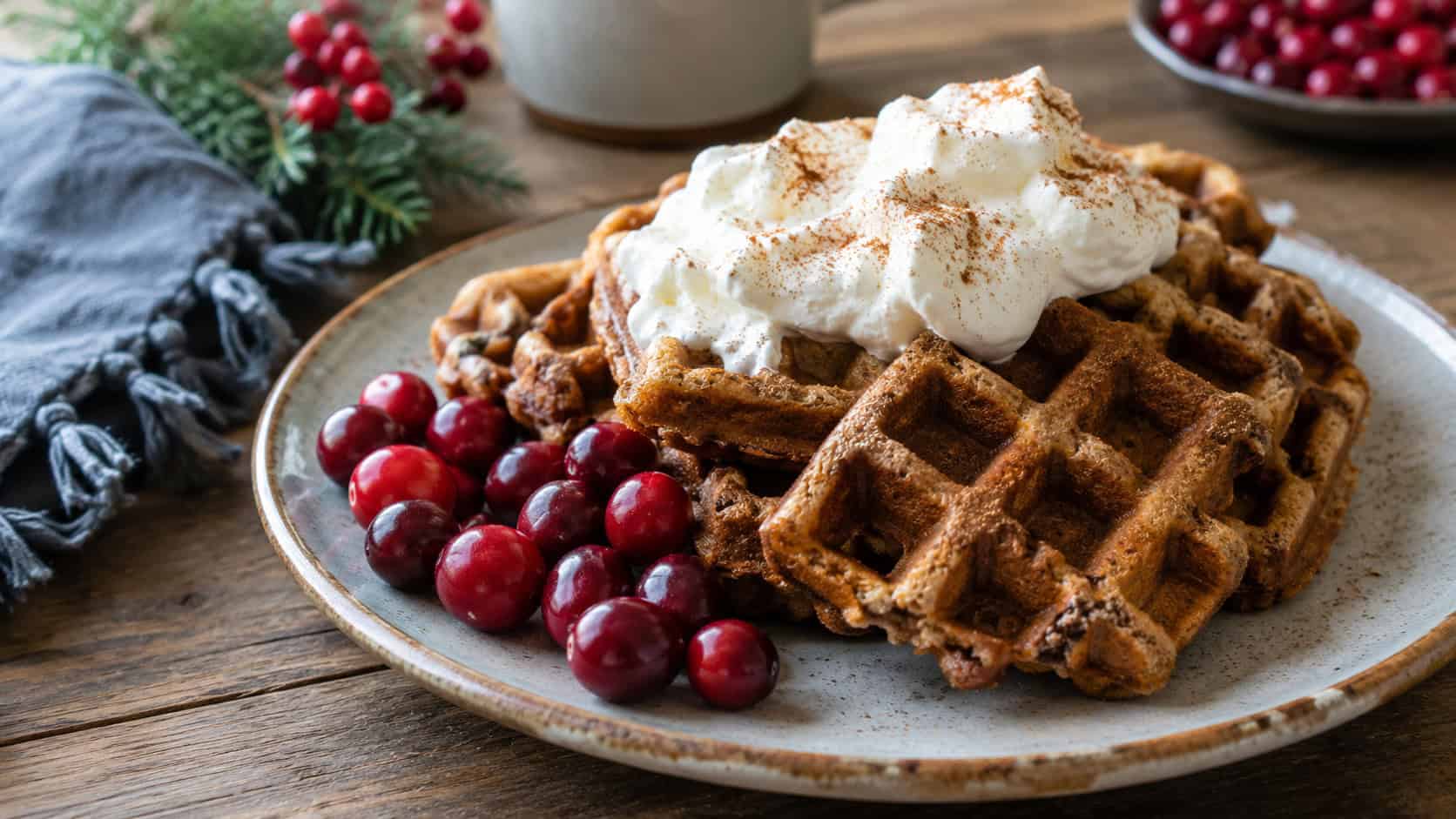 crisp gingerbread waffles topped with billowy whipped cream and a dusting of cinnamon in a wide horizontal shot, served on a rustic plate beside fresh cranberries, natural light, shallow depth of field, landscape orientation