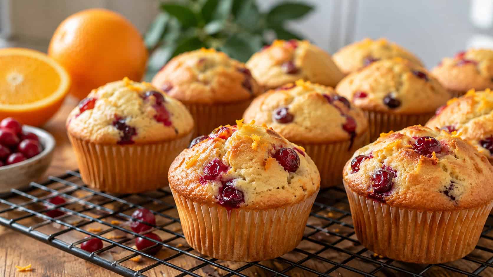cranberry orange muffins with golden domed tops studded with red cranberries in a wide horizontal shot, arranged on a cooling rack with orange zest, natural light, shallow depth of field, landscape orientation