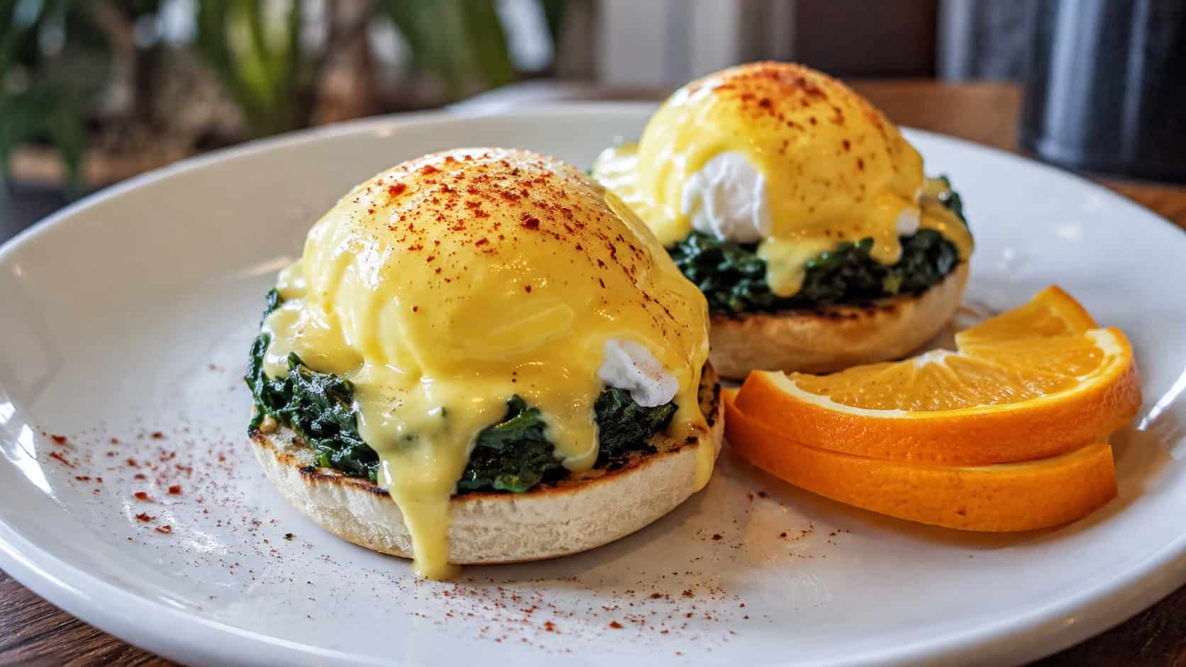 eggs Benedict Florentine with poached eggs over spinach and English muffins draped in golden hollandaise in a wide horizontal shot, plated and dusted with paprika, natural light, shallow depth of field, landscape orientation
