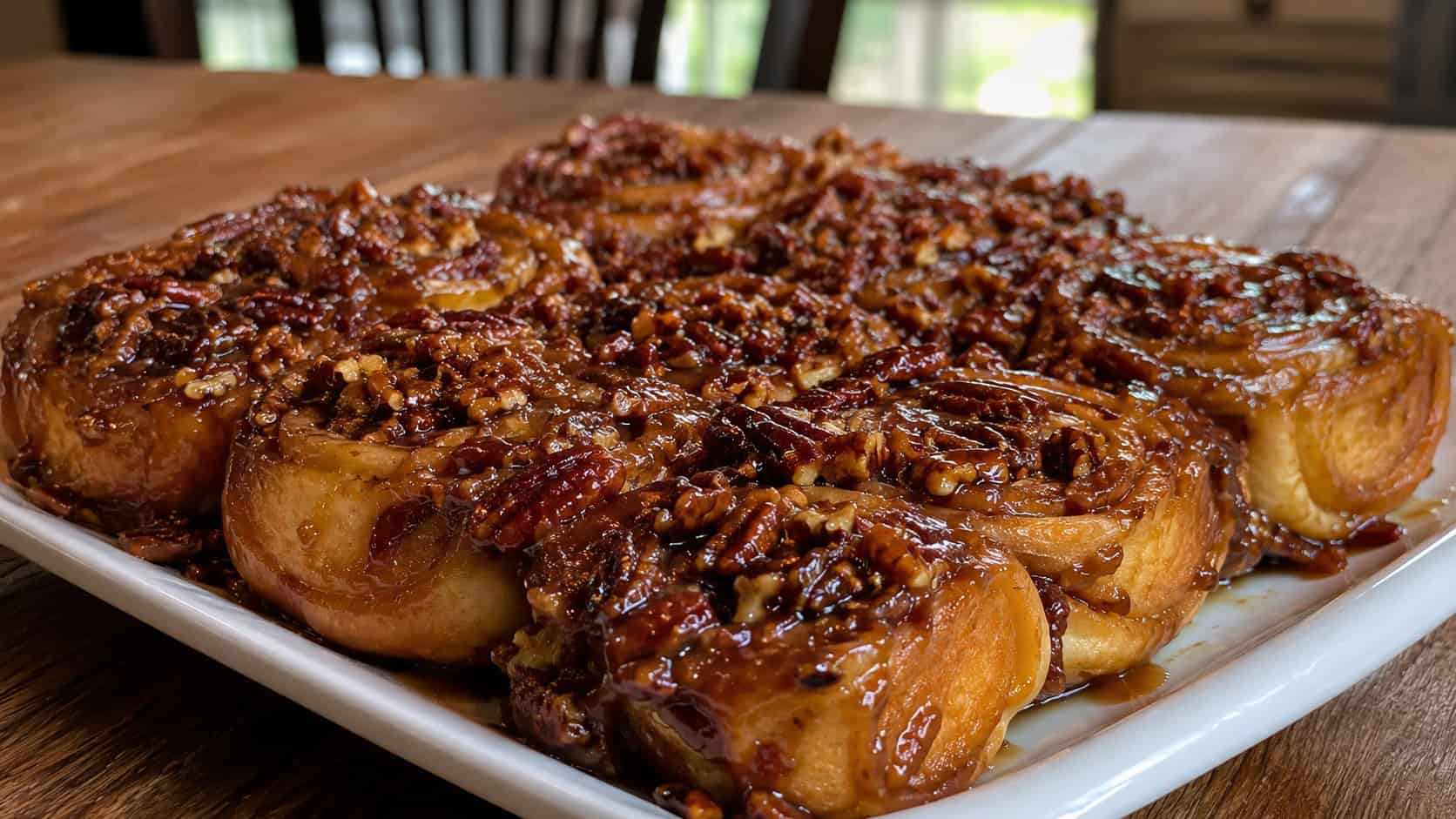 maple pecan sticky buns glistening with caramel and studded with toasted pecans in a wide horizontal shot, flipped onto a platter on a wood table, natural light, shallow depth of field, landscape orientation