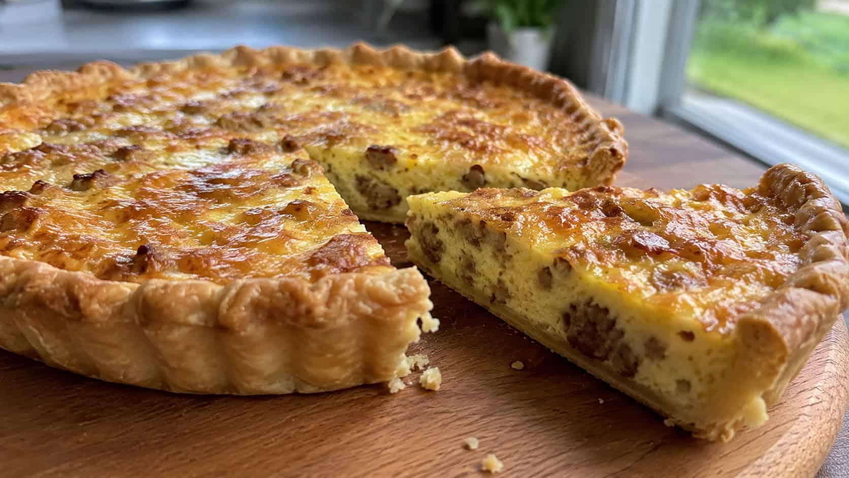 a sausage and cheese quiche with a golden flaky crust and puffed savory filling in a wide horizontal shot, with one slice cut out on a wooden board, natural light, shallow depth of field, landscape orientation