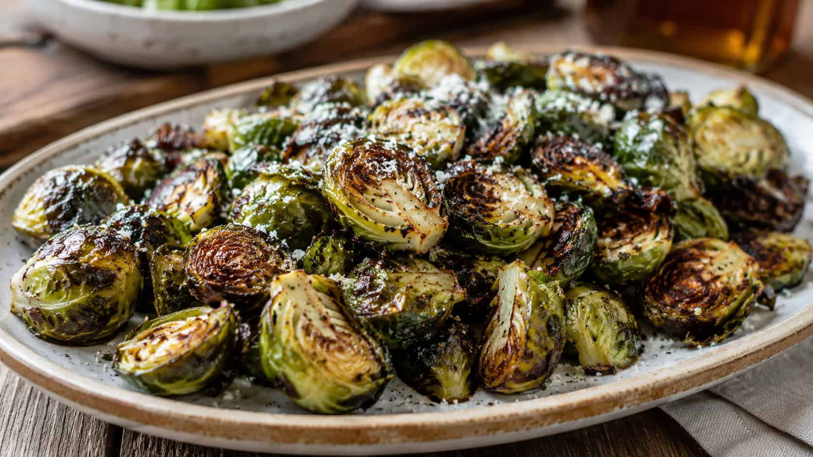crispy caramelized herb-roasted Brussels sprouts dusted with Parmesan in a wide horizontal shot, piled on a rustic platter, natural light, shallow depth of field, landscape orientation