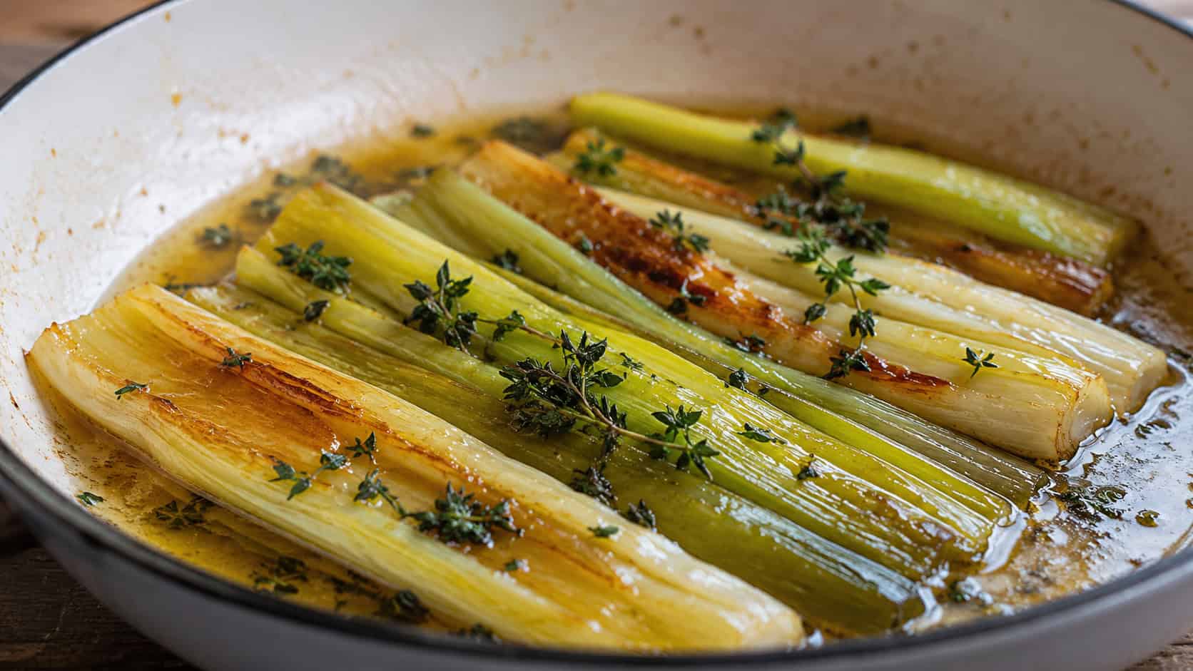 butter-braised leeks glistening with golden butter and thyme in a wide horizontal shot, arranged in a shallow skillet, natural light, shallow depth of field, landscape orientation