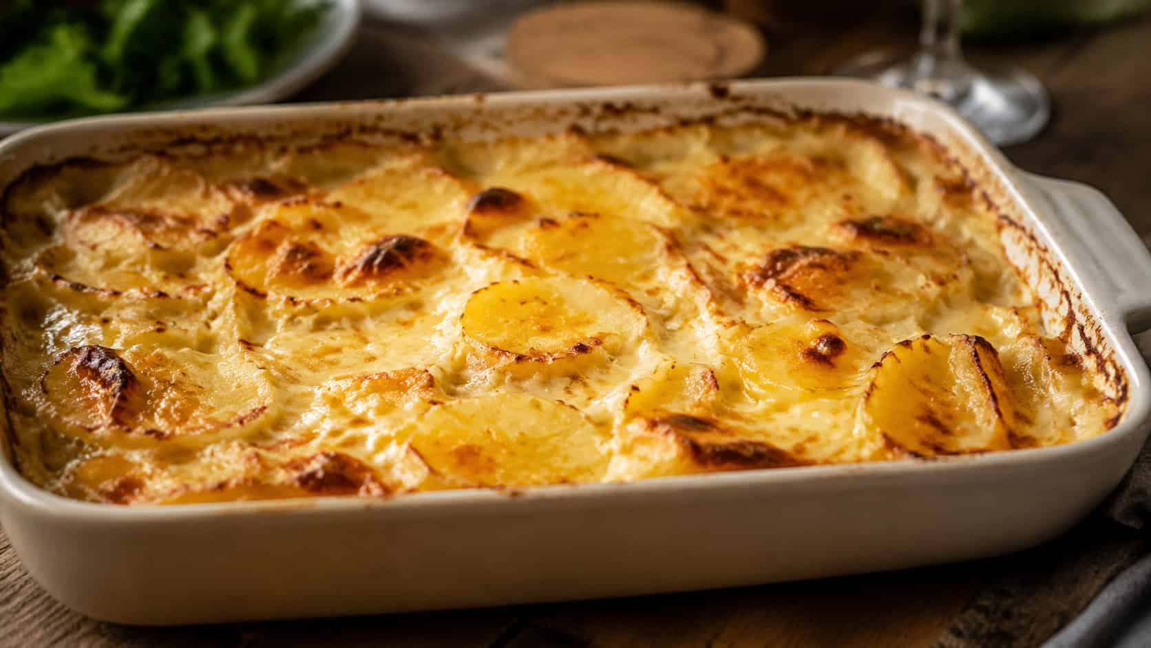 a bubbling golden gratin dauphinois with creamy layered potatoes and melted cheese in a wide horizontal shot, in a baking dish on a wood table, natural light, shallow depth of field, landscape orientation