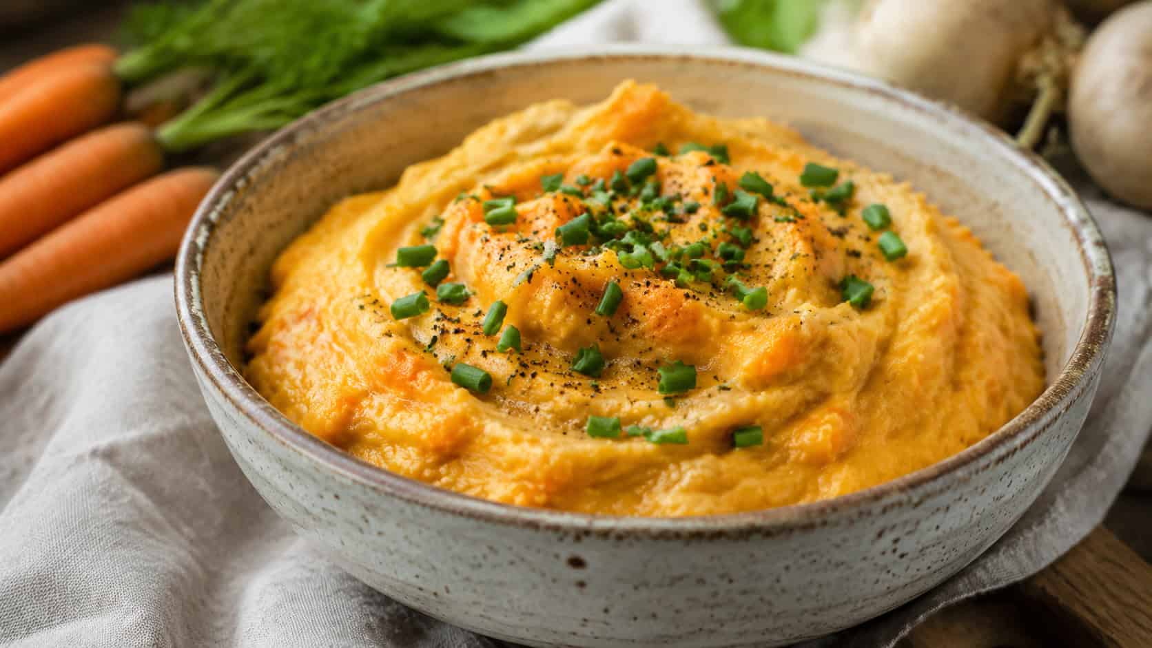 a bowl of creamy gingered carrot and turnip mash with a golden hue and chopped chives in a wide horizontal shot, served in a rustic bowl, natural light, shallow depth of field, landscape orientation