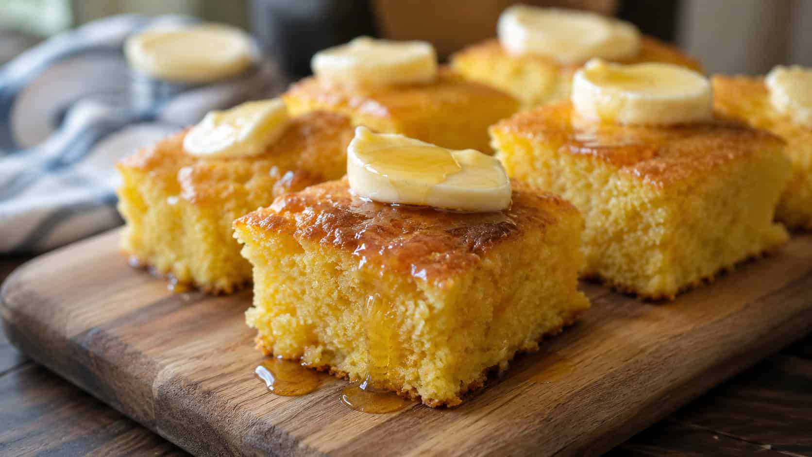 golden squares of cornbread with a pat of whipped honey butter melting on top in a wide horizontal shot, served on a wooden board, natural light, shallow depth of field, landscape orientation