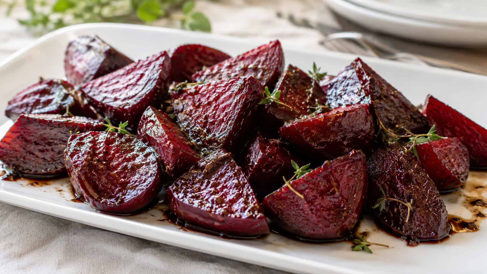 deep ruby thyme-roasted beet wedges glistening with balsamic in a wide horizontal shot, arranged on a white platter, natural light, shallow depth of field, landscape orientation