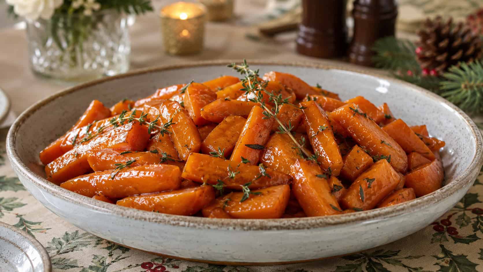 glossy maple-glazed carrots flecked with thyme in a wide horizontal shot, served in a shallow ceramic dish on a holiday table, natural light, shallow depth of field, landscape orientation
