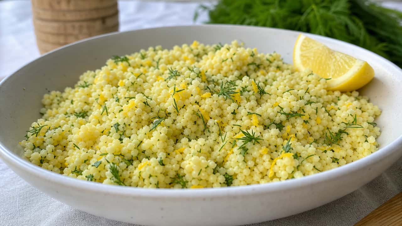 fluffy lemon dill couscous flecked with fresh dill and lemon zest in a wide horizontal shot, served in a wide bowl with a lemon wedge, natural light, shallow depth of field, landscape orientation