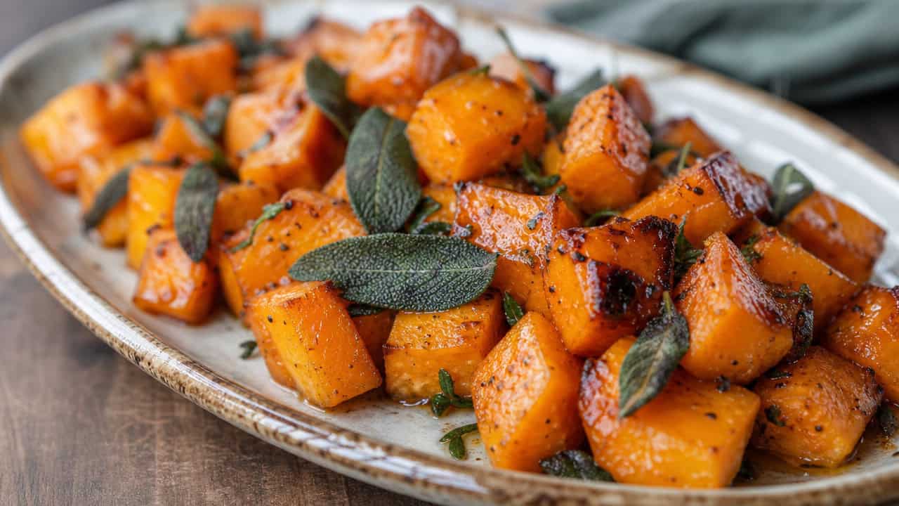 caramelized roasted butternut squash cubes with crispy sage leaves in a wide horizontal shot, served on a rustic platter, natural light, shallow depth of field, landscape orientation