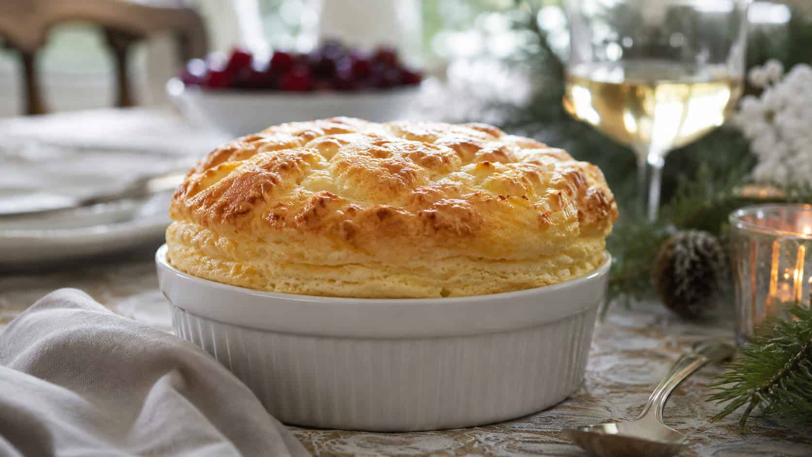 a tall puffed golden Gruyere cheese souffle risen above its dish in a wide horizontal shot, on a holiday table with a linen napkin, natural light, shallow depth of field, landscape orientation