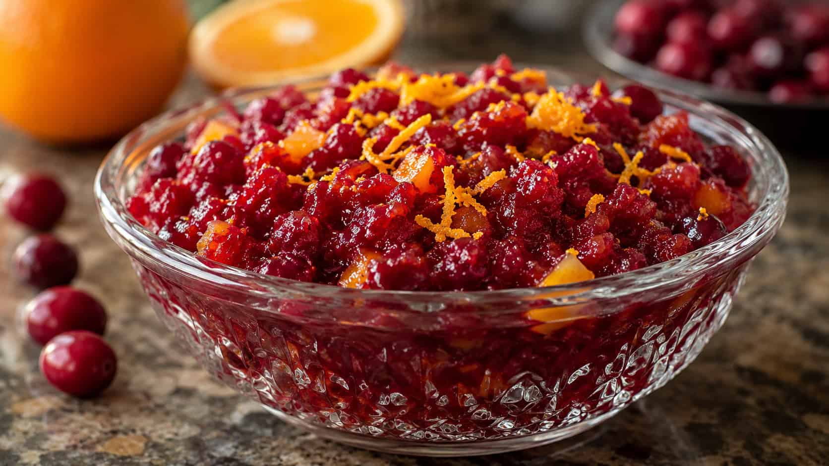 a bowl of bright red cranberry orange relish with bits of orange in a wide horizontal shot, served in a glass dish with orange zest on top, natural light, shallow depth of field, landscape orientation