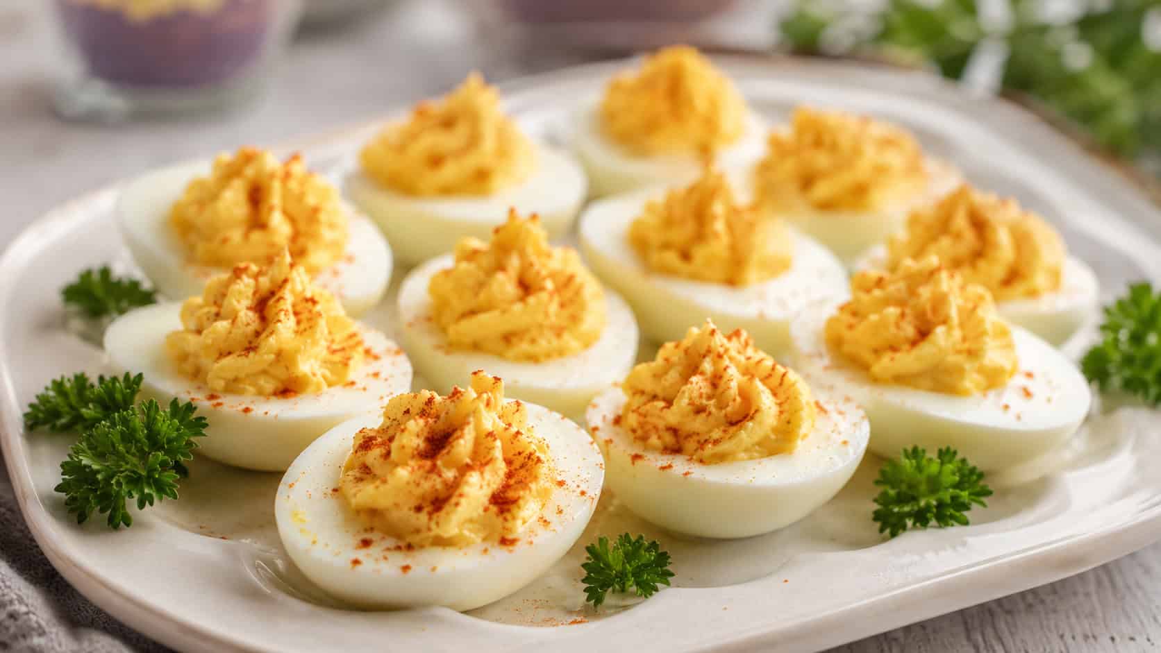 classic deviled eggs dusted with paprika on a pale platter in a wide horizontal shot, piped filling, sprigs of parsley around them, soft natural light, shallow depth of field, landscape orientation