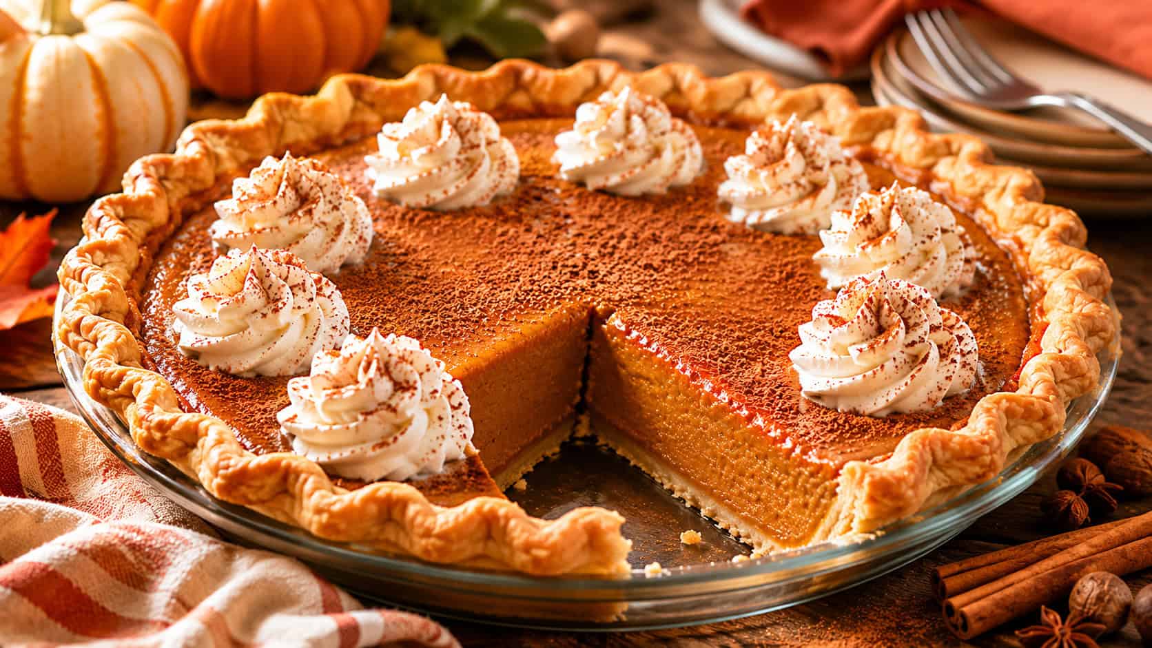 a spiced pumpkin pie with a fluted crust on a wooden table in a wide horizontal shot, dollops of whipped cream and a dusting of cinnamon, warm natural light, shallow depth of field, landscape orientation
