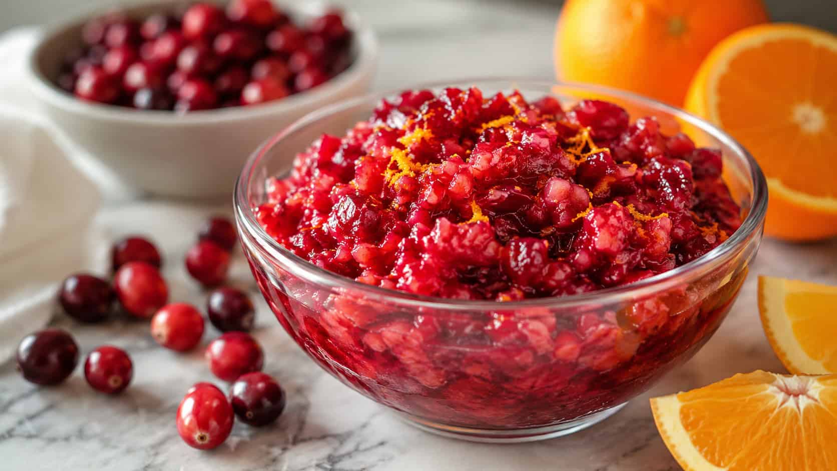 bright red cranberry orange relish in a glass bowl in a wide horizontal shot, flecks of orange zest, fresh cranberries and orange slices nearby, natural light, shallow depth of field, landscape orientation