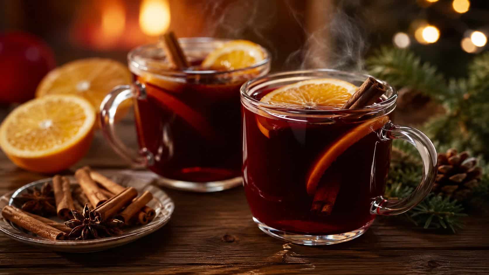 steaming mulled wine in glass mugs on a wooden table in a wide horizontal shot, orange slices and cinnamon sticks floating, cozy holiday glow, warm natural light, shallow depth of field, landscape orientation