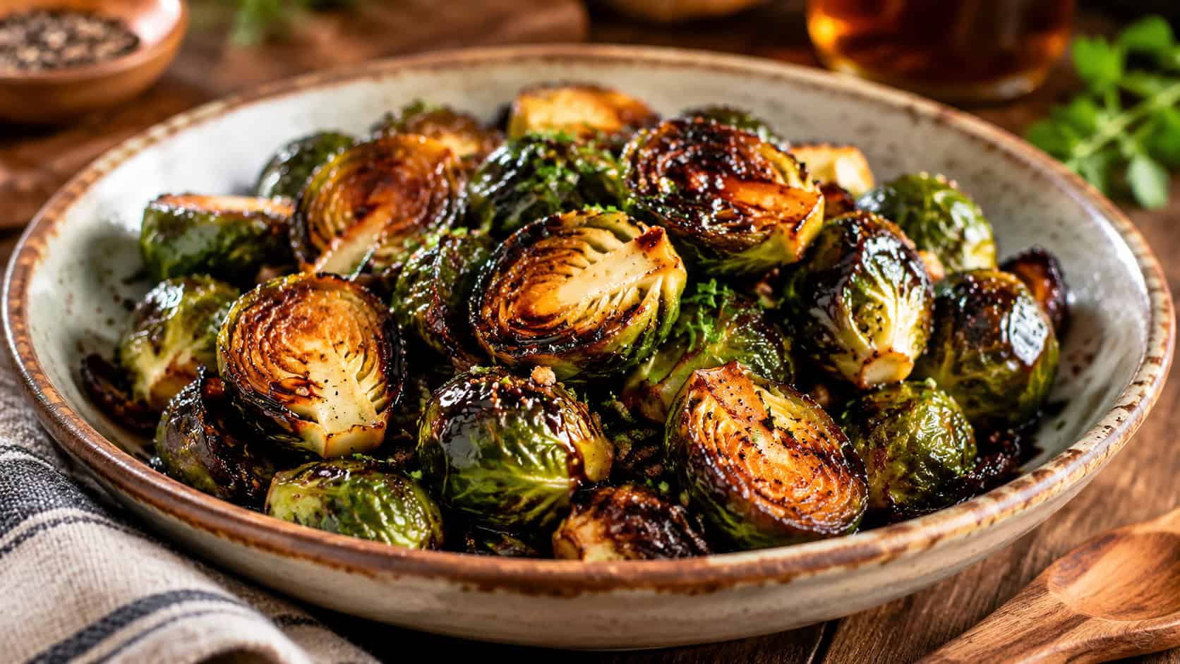 crispy roasted brussels sprouts glistening with balsamic glaze in a serving bowl in a wide horizontal shot, charred edges, rustic table, warm natural light, shallow depth of field, landscape orientation