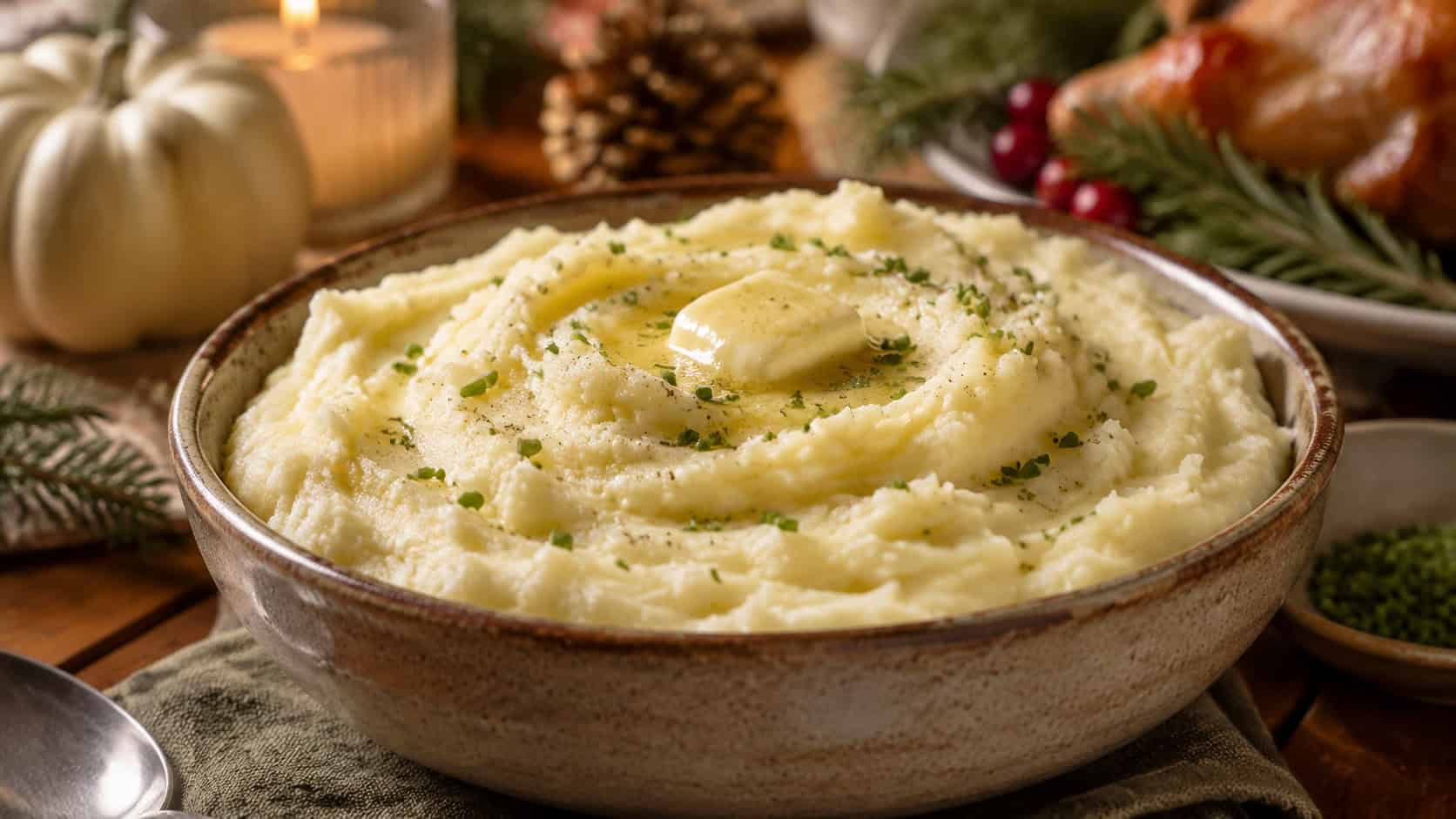 fluffy garlic mashed potatoes in a rustic bowl in a wide horizontal shot, pat of melting butter and chopped chives on top, cozy holiday table, warm natural light, shallow depth of field, landscape orientation