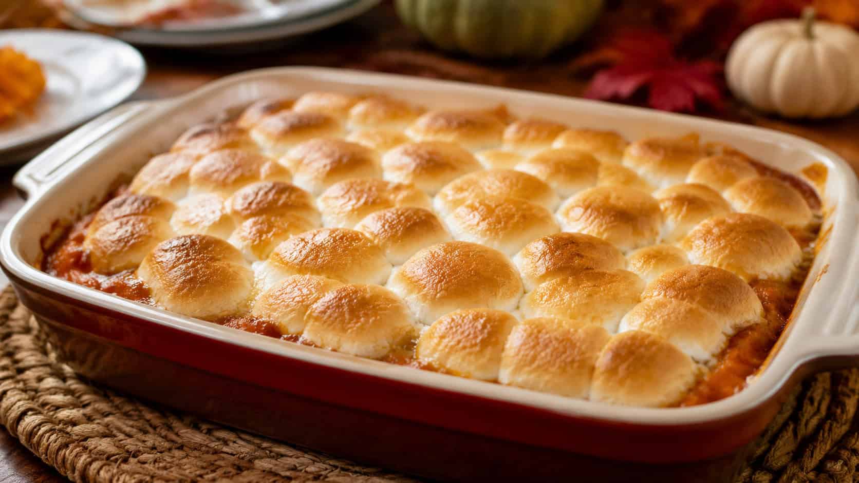 sweet potato casserole topped with golden toasted marshmallows in a baking dish in a wide horizontal shot, bubbling edges, festive table setting, warm natural light, shallow depth of field, landscape orientation