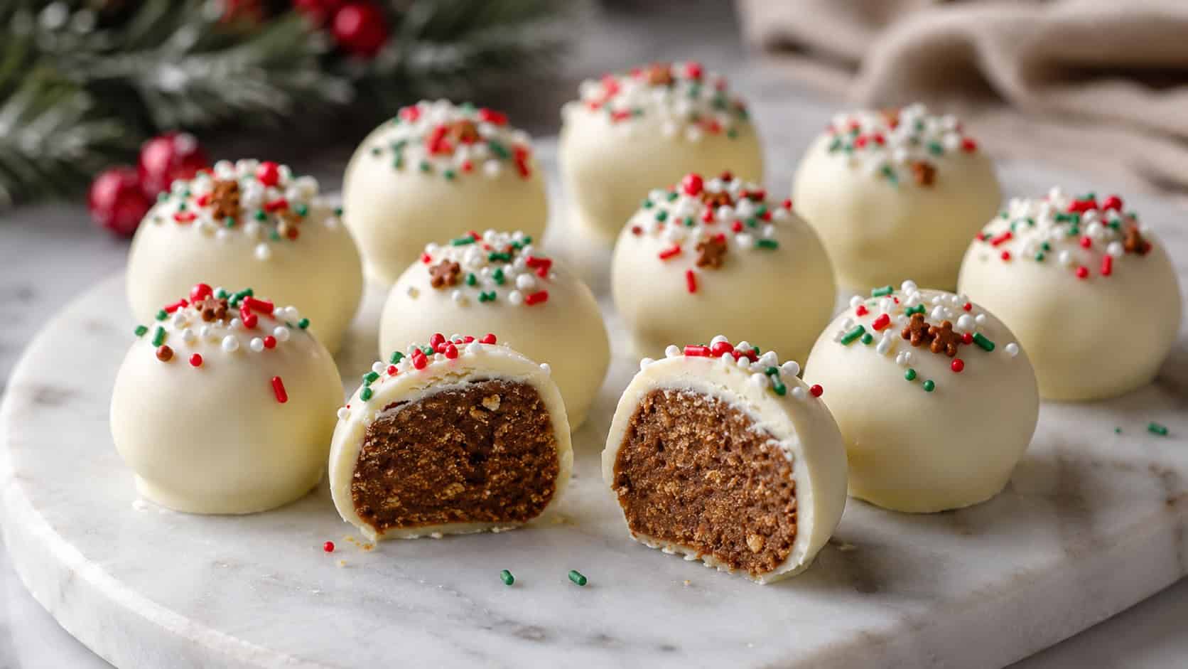 white chocolate gingerbread truffles topped with festive sprinkles on a marble board in a wide horizontal shot, a few cut open to show the filling, soft natural light, shallow depth of field, landscape orientation