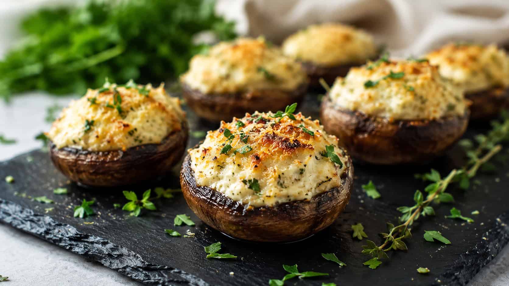 herbed cream cheese stuffed mushrooms on a slate board in a wide horizontal shot, golden parmesan tops, fresh herbs scattered around, soft natural light, shallow depth of field, landscape orientation
