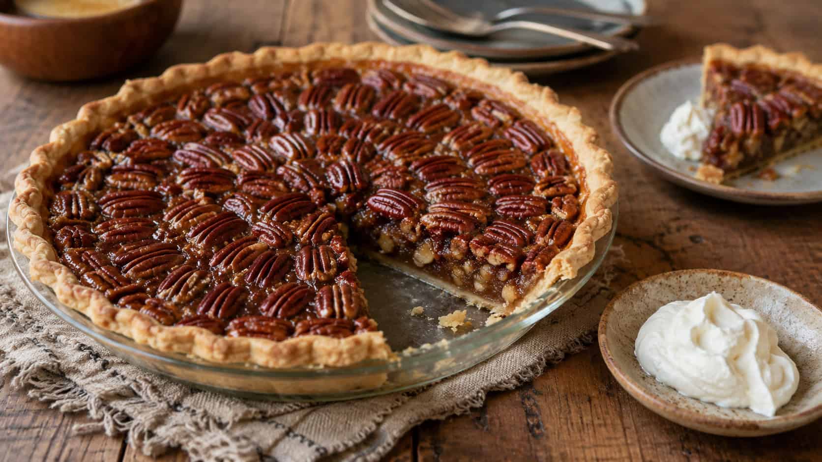 a maple pecan pie with glossy arranged pecan halves on a rustic table in a wide horizontal shot, one slice removed showing the gooey filling, a dollop of cream beside it, warm natural light, shallow depth of field, landscape orientation