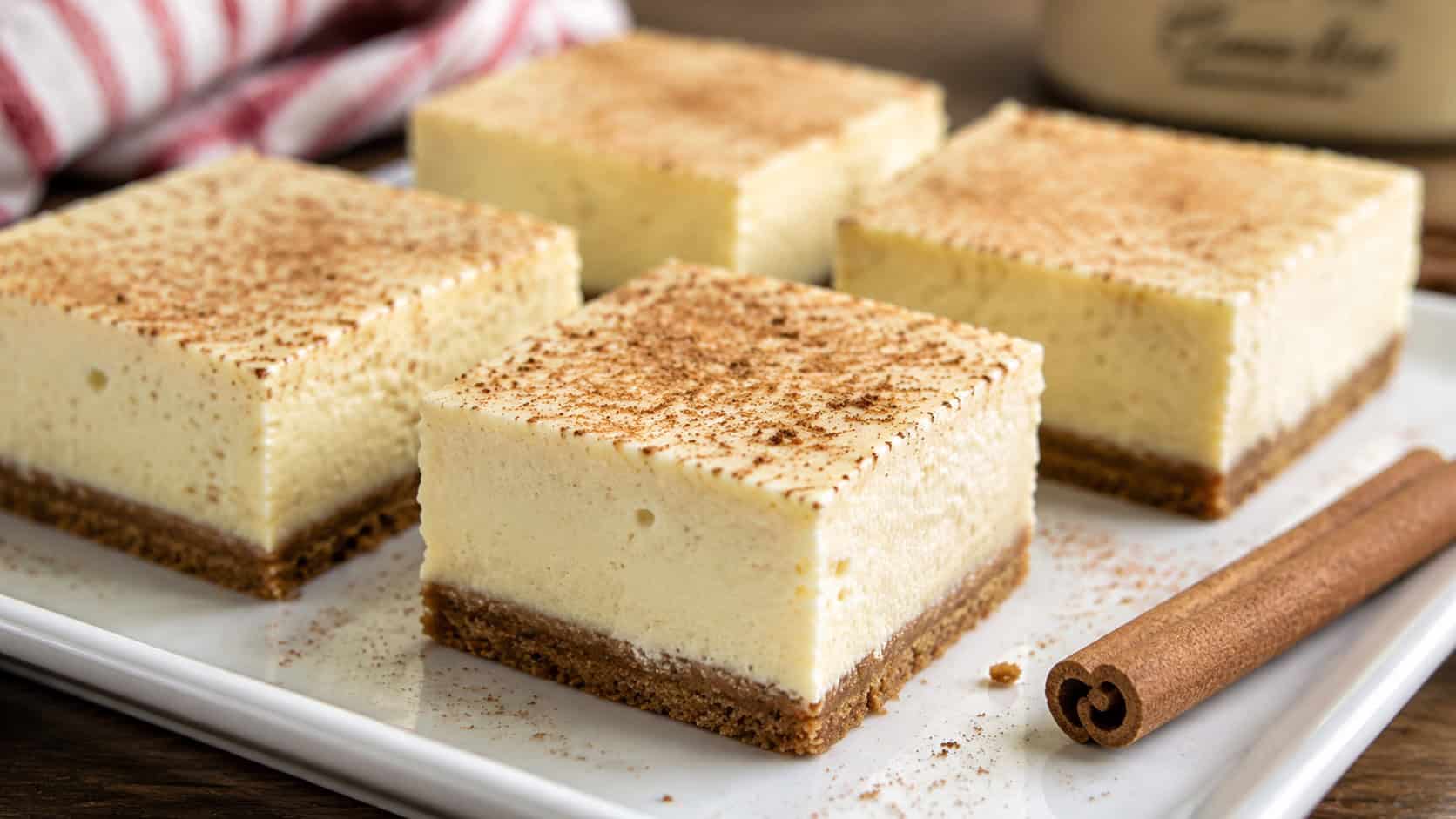 eggnog cheesecake bars dusted with nutmeg on a white platter in a wide horizontal shot, creamy pale filling on golden graham crust, a cinnamon stick alongside, soft natural light, shallow depth of field, landscape orientation