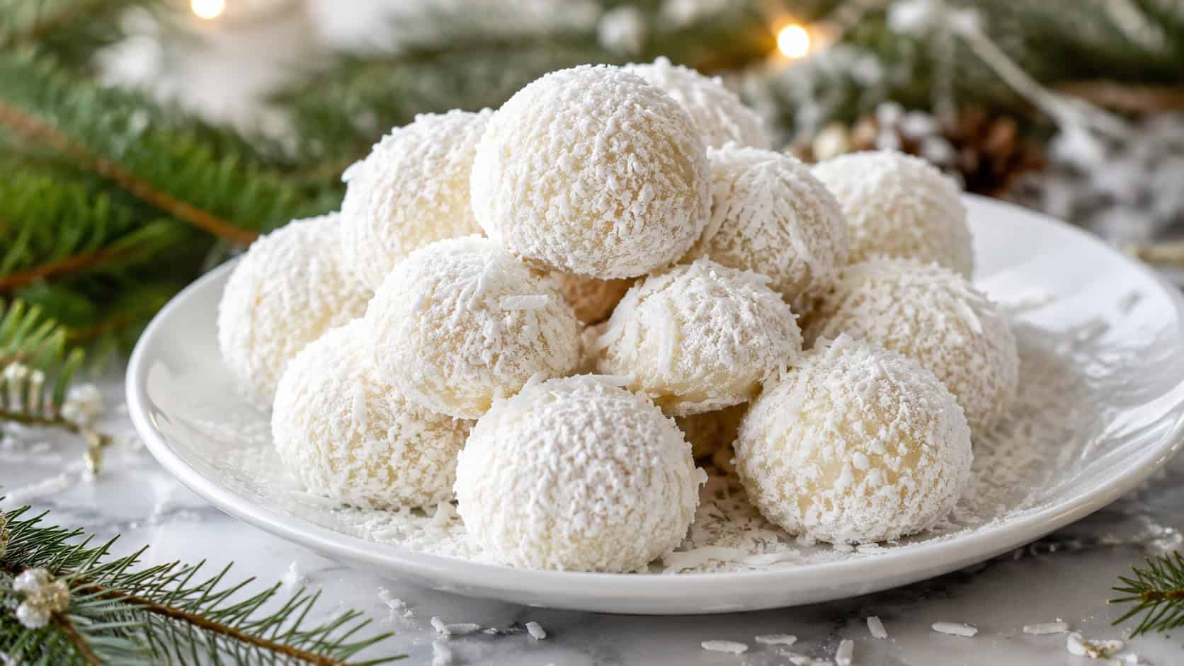powdered-sugar coconut snowball cookies piled on a white plate in a wide horizontal shot, soft snowy coating, scattered coconut flakes and pine sprigs, bright crisp natural light, shallow depth of field, landscape orientation