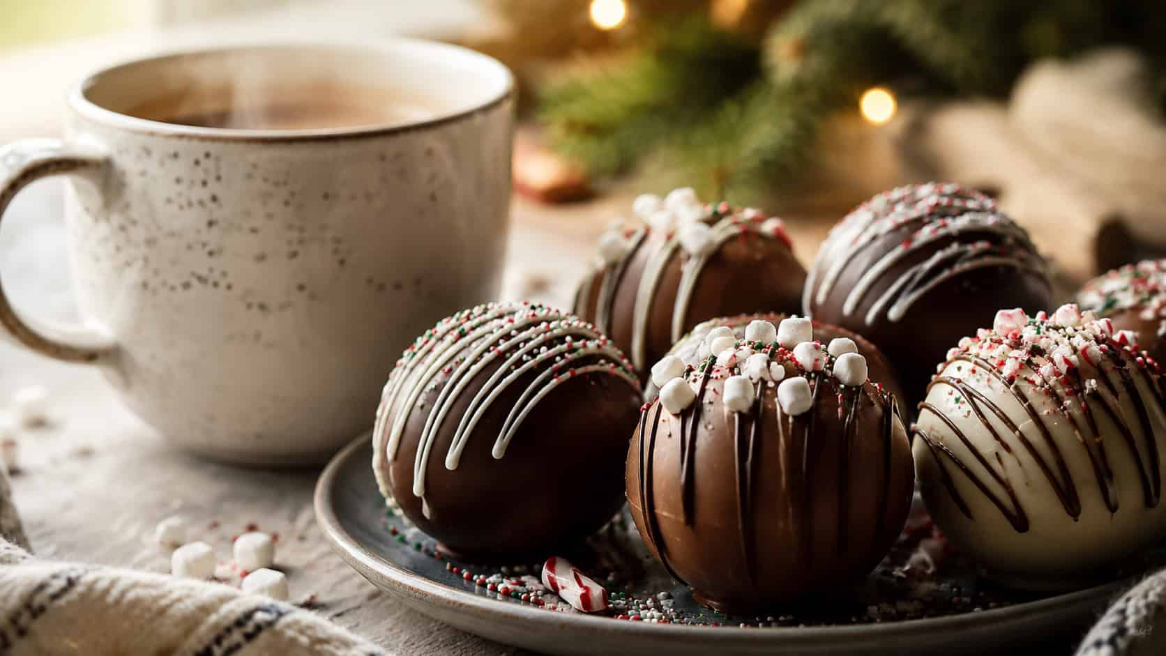 decorated hot cocoa bombs drizzled with chocolate and sprinkles arranged beside a steaming mug in a wide horizontal shot, glossy round spheres, cozy holiday table, warm natural light, shallow depth of field, landscape orientation