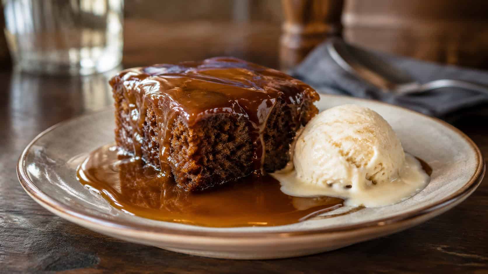 a square of sticky toffee pudding drenched in glossy caramel sauce on a small plate in a wide horizontal shot, a scoop of melting cream beside it, cozy dark table, warm natural light, shallow depth of field, landscape orientation