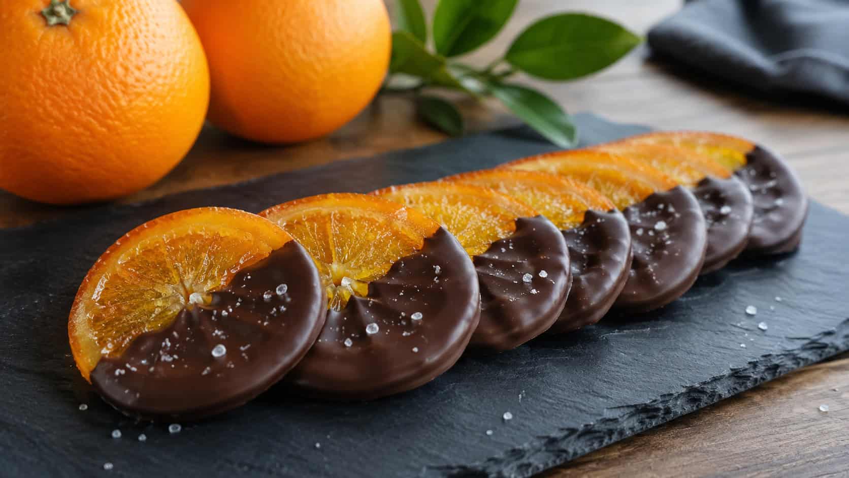 candied orange slices half-dipped in dark chocolate fanned on a slate board in a wide horizontal shot, glossy chocolate edges and flaky salt, a few whole oranges nearby, soft natural light, shallow depth of field, landscape orientation