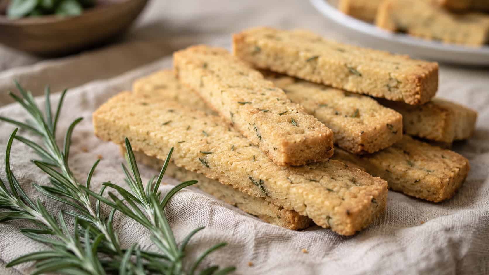 golden rosemary shortbread fingers flecked with green herbs on a linen cloth in a wide horizontal shot, crumbly buttery texture, fresh rosemary sprigs nearby, soft natural light, shallow depth of field, landscape orientation