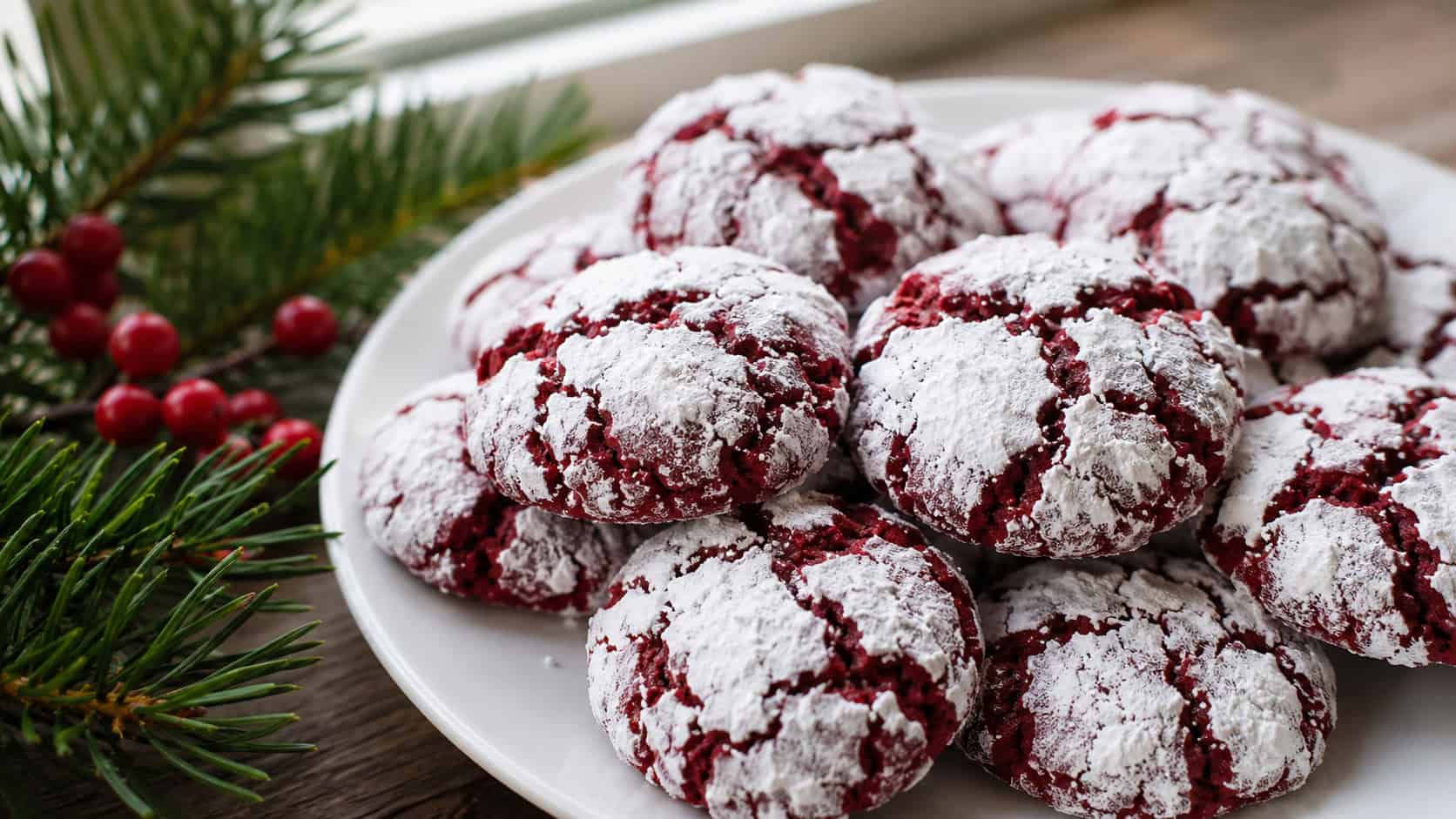 red velvet crinkle cookies with cracked powdered-sugar tops on a white plate in a wide horizontal shot, deep red showing through the cracks, festive greenery beside, bright natural light, shallow depth of field, landscape orientation