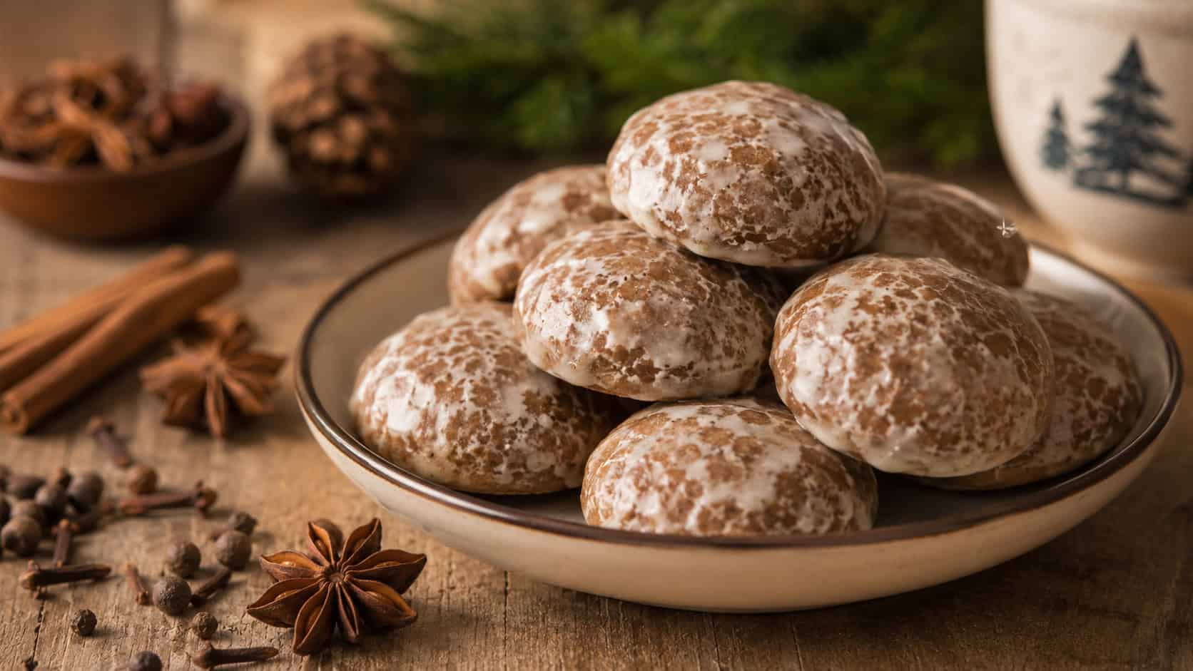 glazed pfeffernuesse cookies with a crackly white coating piled in a shallow bowl in a wide horizontal shot, round domed shapes, scattered whole spices on a wooden table, warm natural light, shallow depth of field, landscape orientation