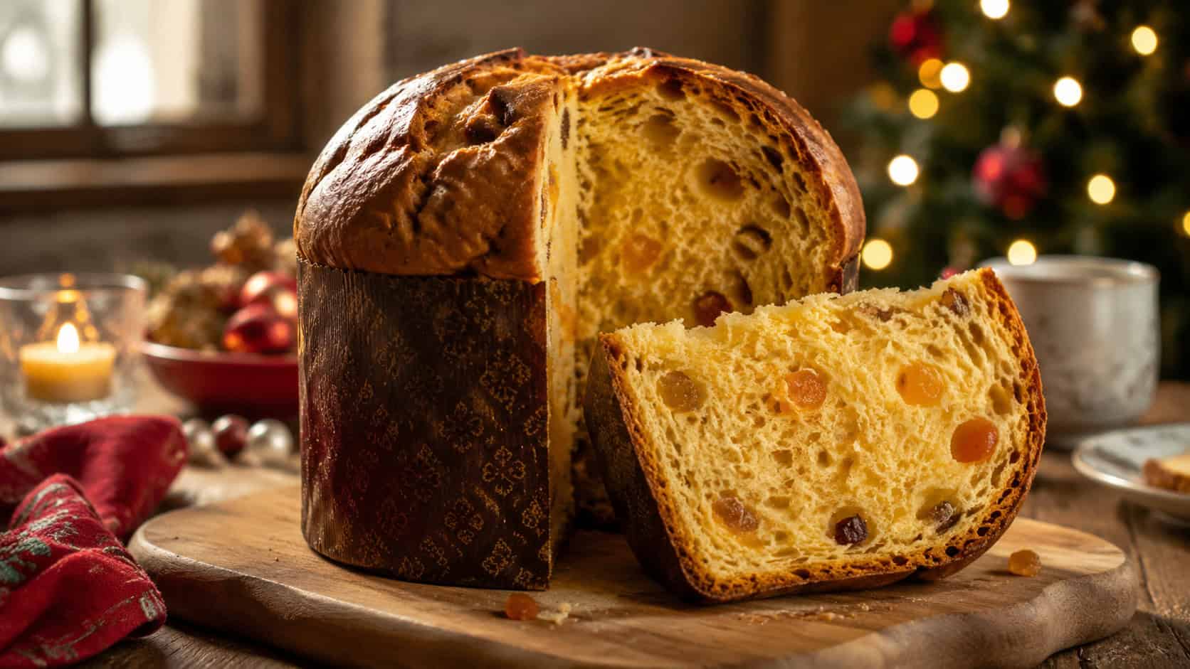 a tall golden panettone with a domed top and a slice cut to show candied fruit on a wooden board in a wide horizontal shot, airy crumb, festive table setting, warm natural light, shallow depth of field, landscape orientation