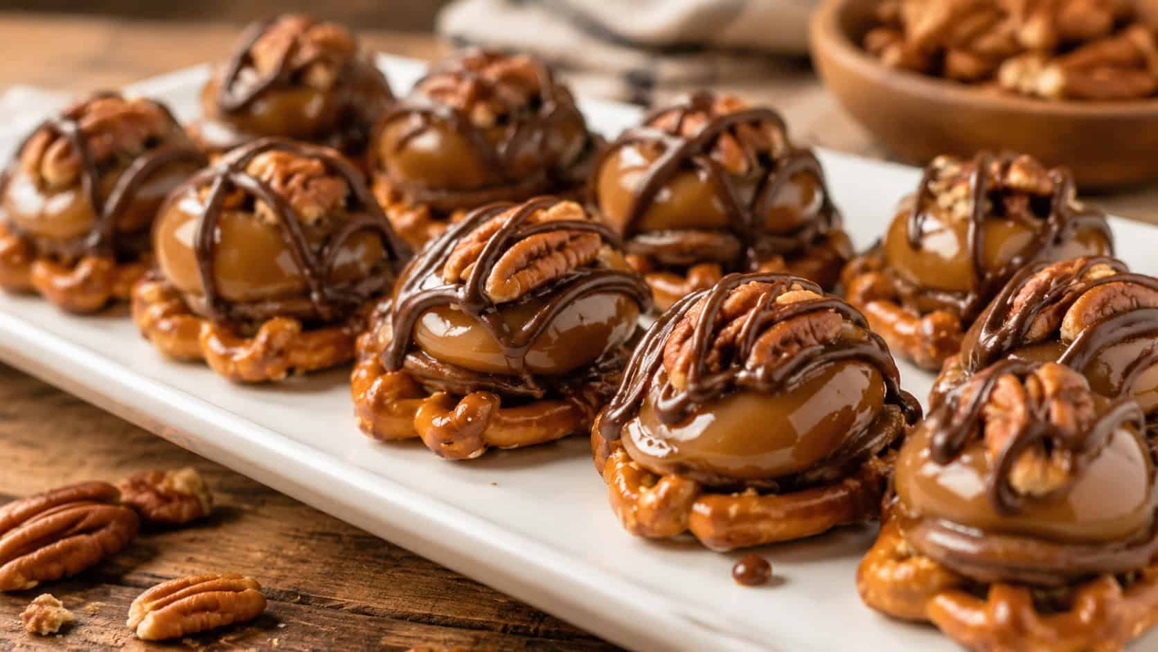pretzel turtle bites topped with caramel, pecans, and chocolate drizzle on a white platter in a wide horizontal shot, glossy caramel and shiny chocolate, scattered pecans nearby, warm natural light, shallow depth of field, landscape orientation