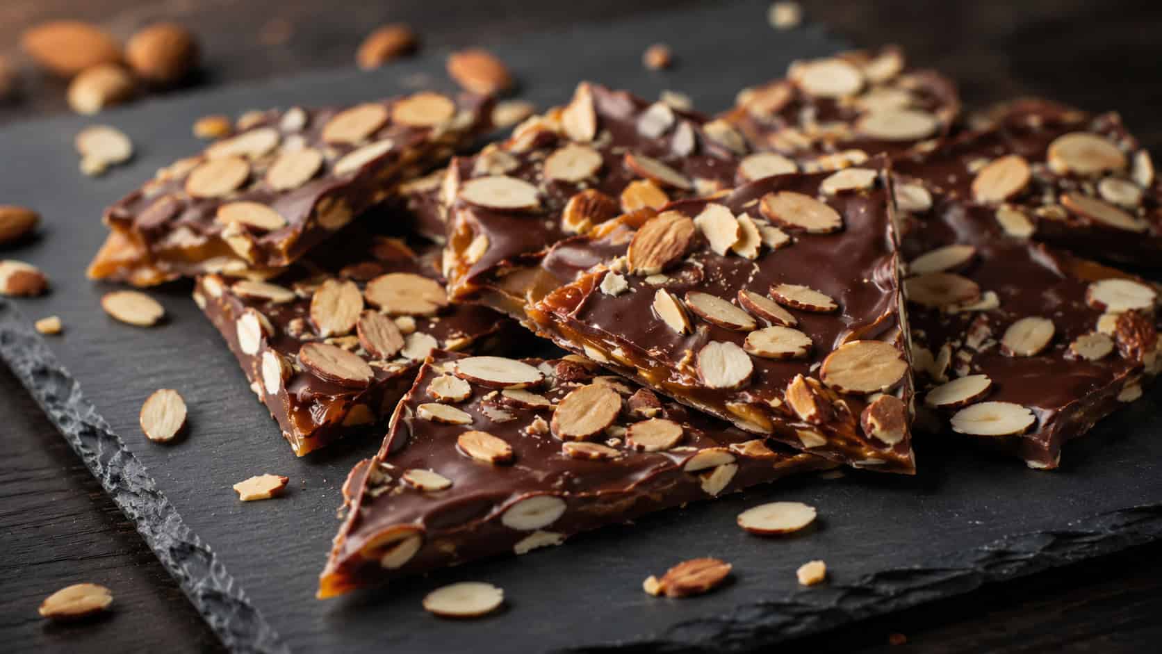 almond toffee bark shards with chocolate and toasted almonds on a dark slate board in a wide horizontal shot, glossy chocolate surface, scattered sliced almonds, moody natural light, shallow depth of field, landscape orientation