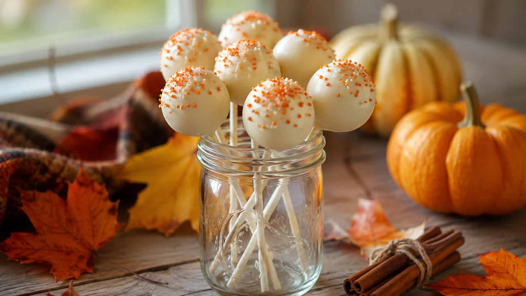 pumpkin spice cake pops dipped in white chocolate with orange sprinkles standing in a jar in a wide horizontal shot, glossy round coating, autumn leaves and cinnamon nearby, warm natural light, shallow depth of field, landscape orientation