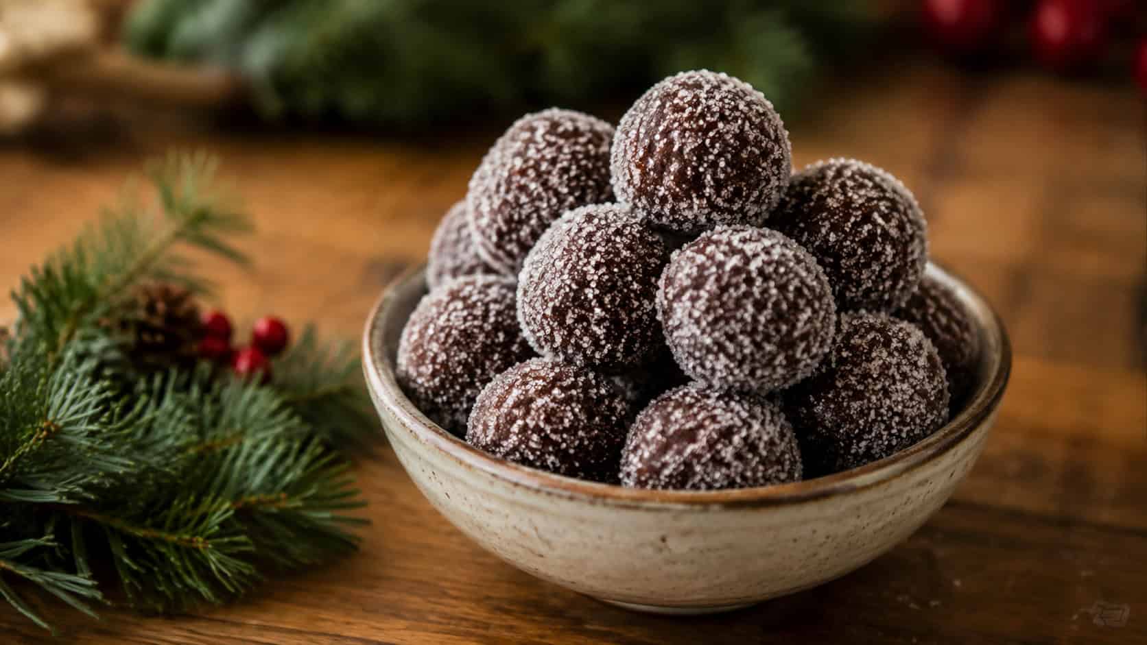 sugar-coated rum balls piled in a small bowl on a wooden table in a wide horizontal shot, dark cocoa color dusted in sugar, a splash of holiday greenery nearby, warm natural light, shallow depth of field, landscape orientation